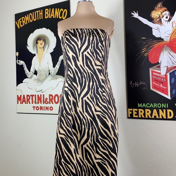Jessica McClintock Zebra Rhinestone Strapless Maxi Dress Size Small - Picture 1 of 9